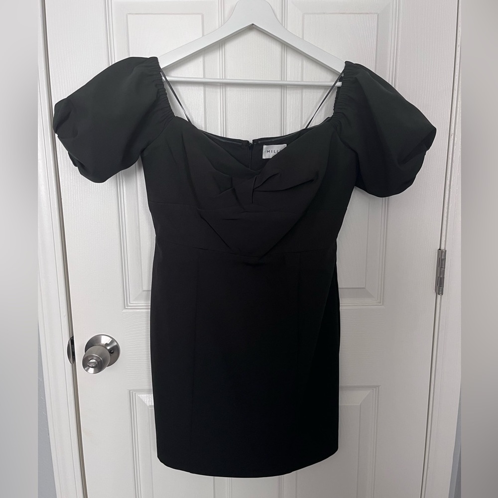Milly black off shoulder puff sleeve mini dress. Adorable. NWT